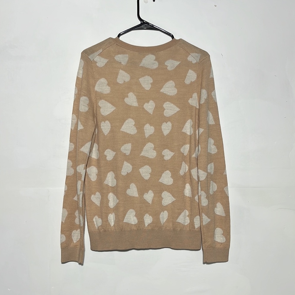 LOFT Nude Blush Pink White Hearts Ribbed Detail Crewneck Sweater Size L - Picture 8 of 9